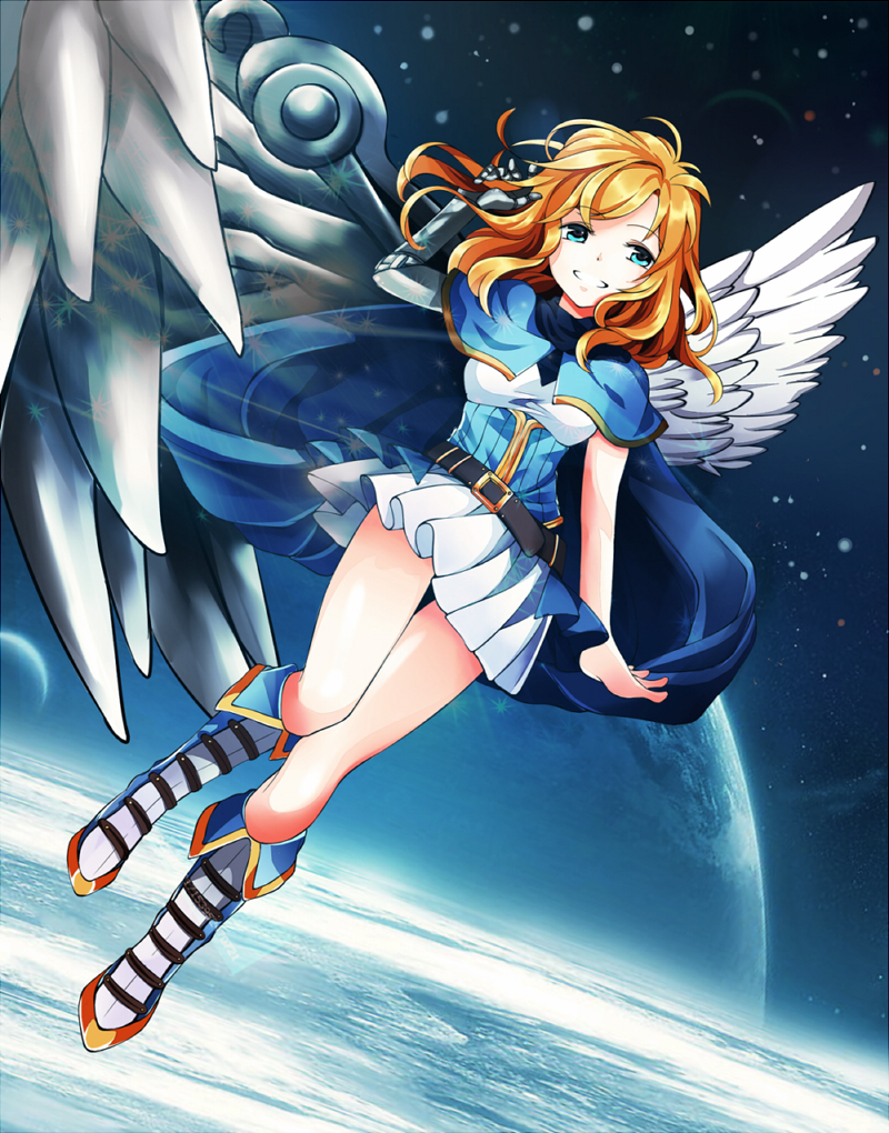 1girl angel angel_wings asymmetrical_wings belt blue_eyes boots borrowed_character breasts cape capelet cassie_(acerailgun) cyborg feathered_wings flying full_body grin koko_(dollykiss911) long_hair mechanical_arm mechanical_wings orange_hair original planet skirt smile solo space taut_clothes wings