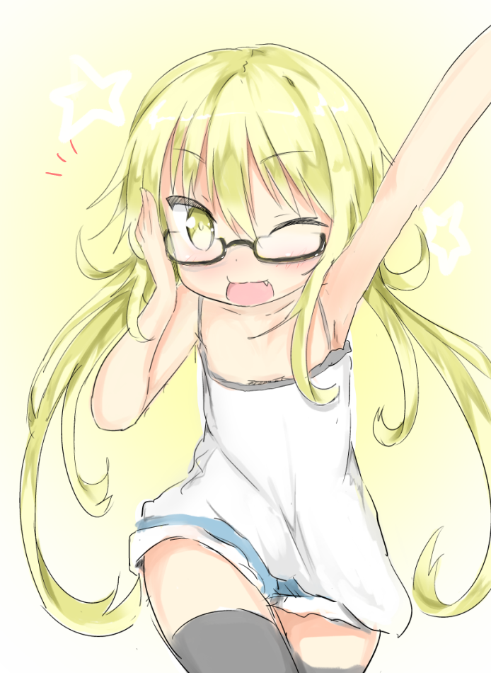 1girl adjusting_glasses alternate_costume bespectacled black_legwear blonde_hair blush casual cowboy_shot fang flat_chest glasses kantai_collection long_hair one_eye_closed open_mouth satsuki_(kantai_collection) shibainu_kisetsu short_shorts shorts star starry_background thigh-highs twintails yellow_eyes