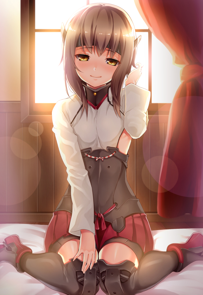 1girl backlighting bike_shorts brown_hair bu-kunn curtains flat_chest hair_tussle hand_in_hair headband headgear indoors kantai_collection knees_together_feet_apart lens_flare lens_flare_abuse long_sleeves looking_at_viewer pleated_skirt red_skirt sitting skirt smile solo taihou_(kantai_collection) thigh-highs wariza window