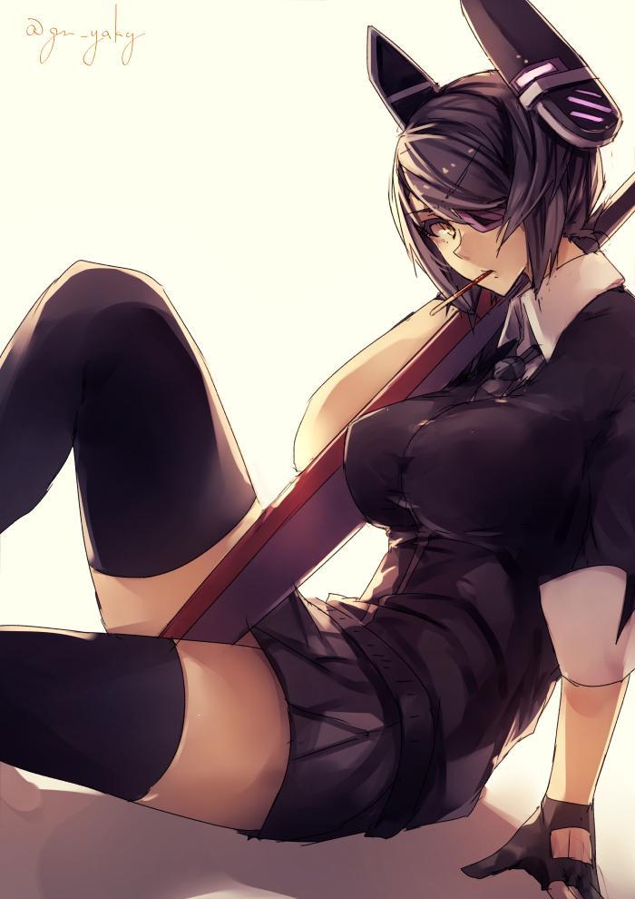 1girl arm_support black_hair black_legwear breasts cardigan eyepatch fingerless_gloves gloves headgear kantai_collection kyouya_(mukuro238) large_breasts looking_at_viewer mouth_hold pocky pocky_day short_hair sitting skirt solo sword tenryuu_(kantai_collection) thigh-highs twitter_username weapon yellow_eyes