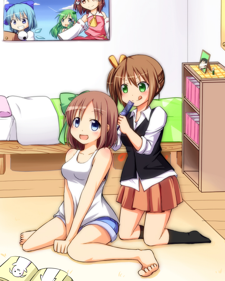 2girls :d artist_self-insert ascot bare_shoulders barefoot bed bedroom black_legwear blue_eyes blue_hair blush bow breasts brown_hair cirno collared_shirt combing detached_sleeves green_eyes green_hair hair_bow hair_tubes hakurei_reimu ice ice_wings kneeling kochiya_sanae legs looking_at_viewer miniskirt multiple_girls nitizyo open_mouth original picture_(object) picture_frame playing_with_another's_hair poster_(object) pyonta red_eyes short_hair shorts side_ponytail sitting skirt smile socks tank_top tongue tongue_out touhou v_arms vest wariza wings