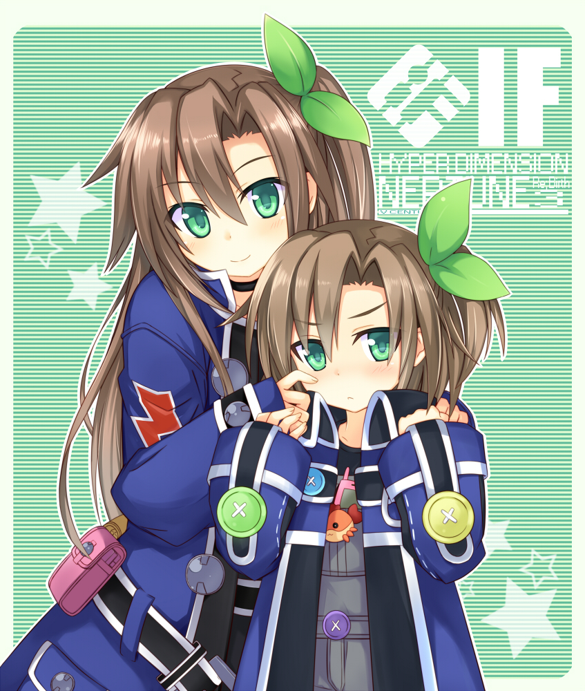 2girls blush brown_hair buttons character_name child choker choujigen_game_neptune coat copyright_name frown fuji_kakei green_background green_eyes hair_between_eyes hair_ribbon hand_on_another's_shoulder if_(choujigen_game_neptune) long_hair looking_at_viewer multiple_girls neptune_(series) outline ribbon short_hair side_ponytail sleeves_past_wrists smile star time_paradox younger