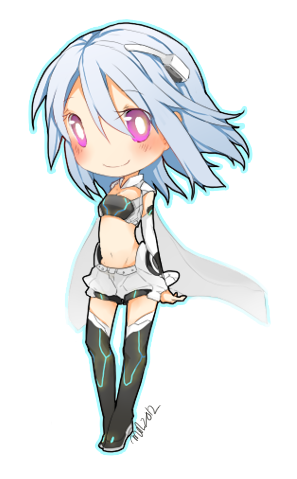 1girl 2012 alpha_(acerailgun) blue_hair blush boots borrowed_character chibi detached_sleeves full_body glowing glowing_eyes lowres original pink_eyes robot_girl signature simple_background smile solo thigh-highs thigh_boots transparent_background watermelan