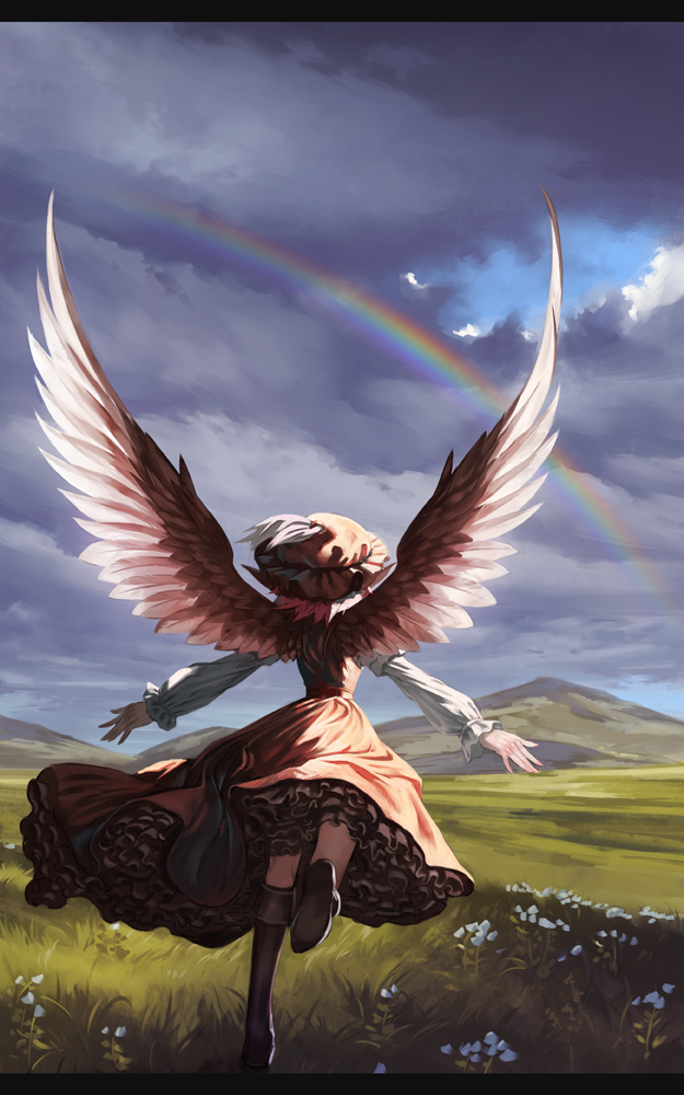 1girl animal_ears bird_wings boots brown_dress clouds cloudy_sky dress flower grass hat juliet_sleeves landscape long_sleeves mountain mystia_lorelei outstretched_arms outstretched_wings pink_hair puffy_sleeves rainbow running shirt sky solo touhou wings yamamomo_(plank)
