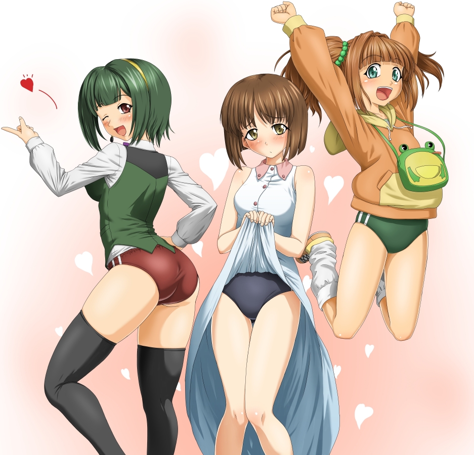 3girls ass bare_shoulders blue_eyes blush brown_hair buruma cocoa_(cocoa0191) dress dress_lift green_hair hagiwara_yukiho hand_on_hip headset idolmaster jumping looking_back multiple_girls otonashi_kotori short_hair takatsuki_yayoi thigh-highs