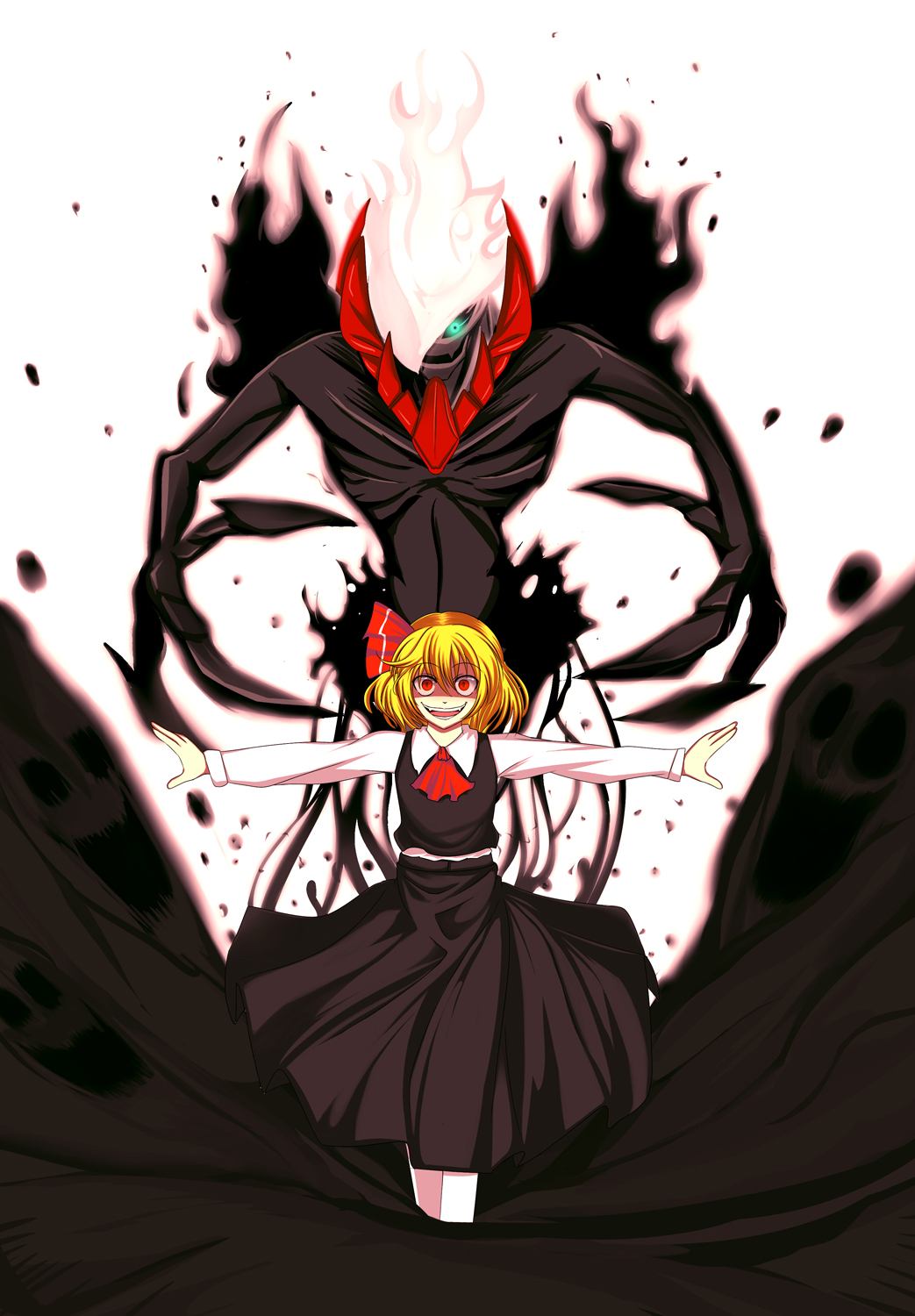 1girl :d ascot blonde_hair crossover darkness darkrai evil_smile glowing glowing_eyes hair_ribbon highres open_mouth outstretched_arms pokemon pokemon_(creature) red_eyes ribbon rouzille_(artist) rumia shirt short_hair skirt smile spread_arms touhou vest