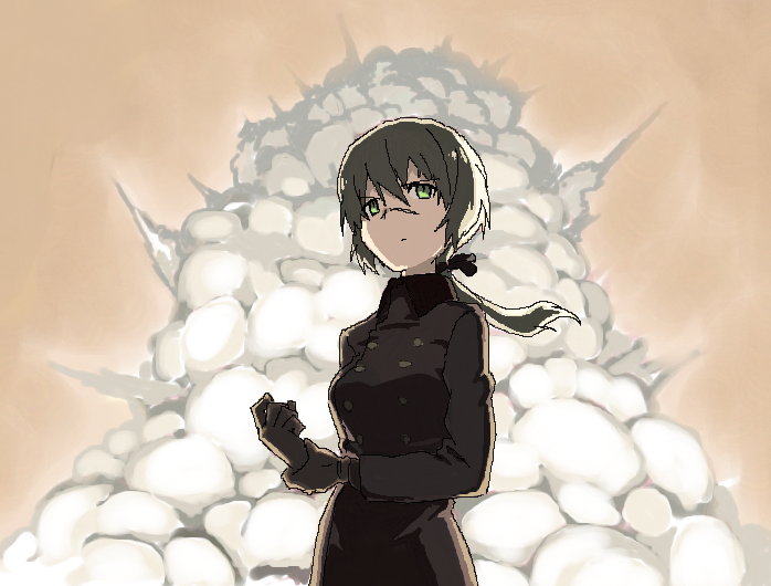 1girl black_ribbon blonde_hair brown_gloves coat explosion gloves green_eyes hair_ribbon hanna_rudel long_hair long_sleeves military military_uniform nose_scar ponytail ribbon scar shiratama_(hockey) solo strike_witches striker_unit uniform