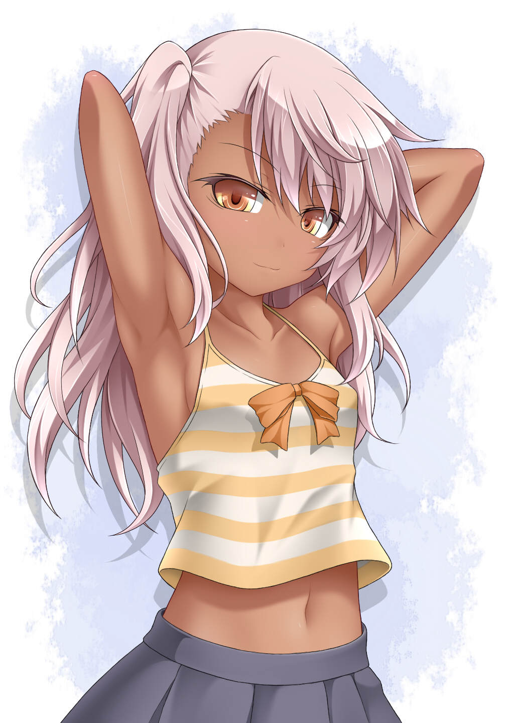 1girl armpits arms_behind_head arms_up belly_peek blush camisole dark_skin fate/kaleid_liner_prisma_illya fate_(series) highres kuro_(fate/kaleid_liner) long_hair looking_at_viewer midriff navel no_bra pink_hair roura side_ponytail skirt small_breasts smile solo striped yellow_eyes