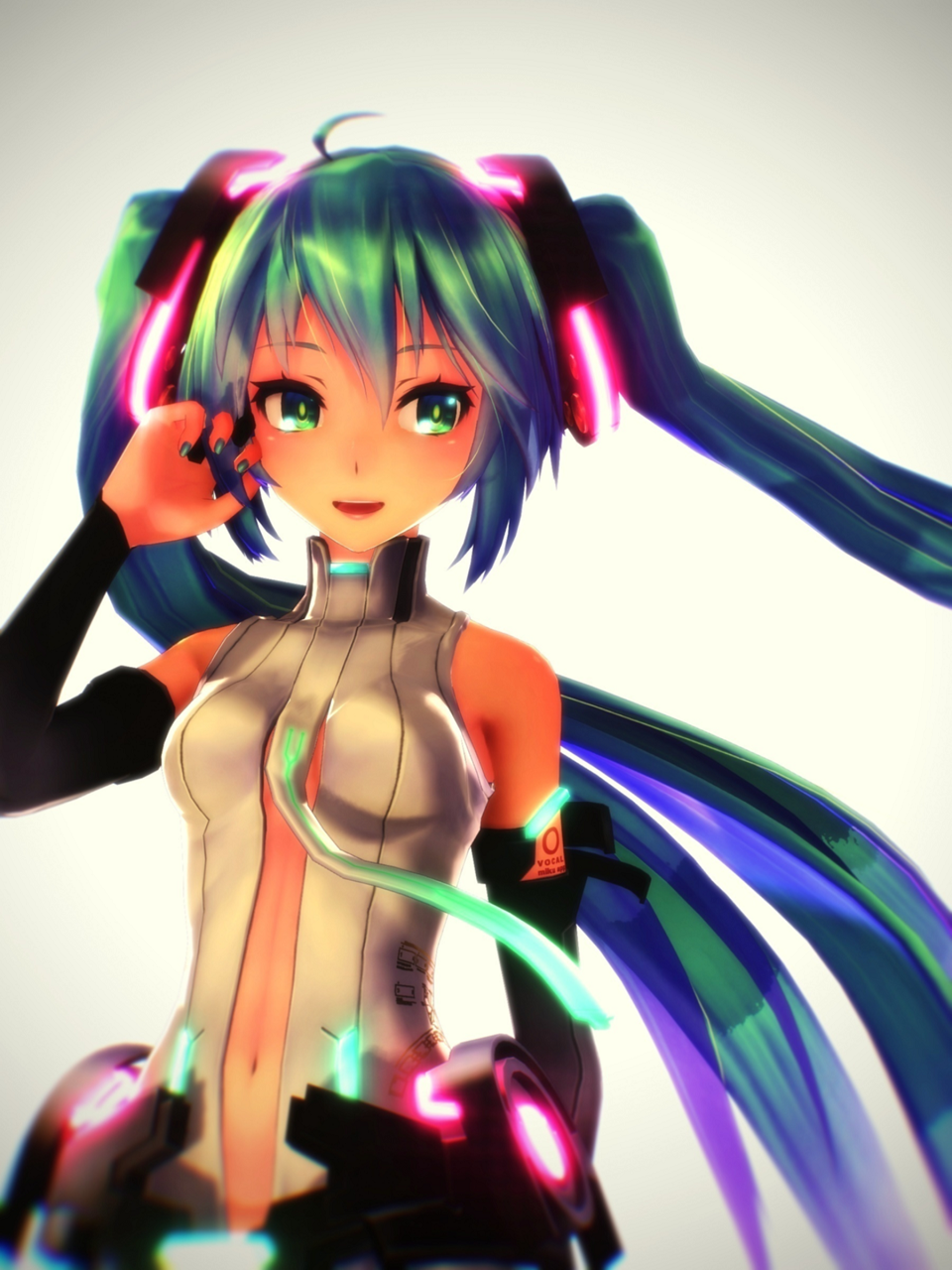 1girl 3d aqua_hair bare_shoulders belt elbow_gloves fingerless_gloves gloves green_eyes grey_background hatsune_miku highres long_hair miku_append mikumikudance navel necktie open_mouth sc simple_background solo twintails very_long_hair vocaloid vocaloid_(tda-type_ver) vocaloid_append