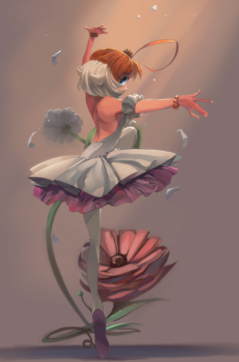 1girl ahiru ahoge ballerina ballet_slippers bare_shoulders blue_eyes bracelet crown flower highres jewelry multicolored_hair phillock princess_tutu princess_tutu_(character) short_hair solo tutu