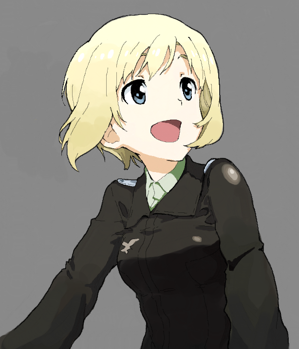 1girl :d blonde_hair blue_eyes bob_cut erica_hartmann grey_background jacket long_sleeves military military_uniform open_mouth shiratama_(hockey) short_hair simple_background smile solo strike_witches uniform