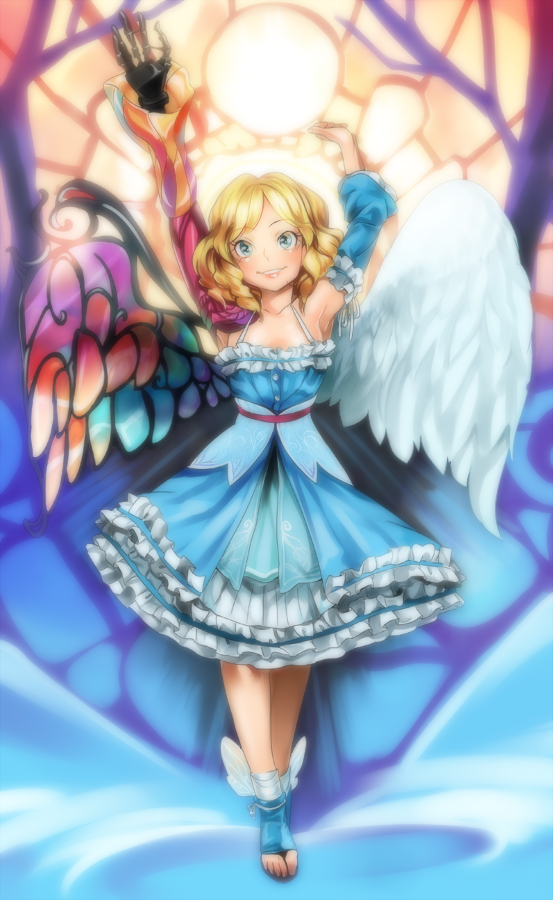 1girl angel angel_wings armpits arms_up asymmetrical_wings blonde_hair blue_dress blue_eyes borrowed_character cassie_(acerailgun) cyborg detached_sleeves dress feathered_wings frilled_dress frills full_body girutea mechanical_arm mechanical_wings original smile solo stained_glass toeless_shoes winged_shoes wings