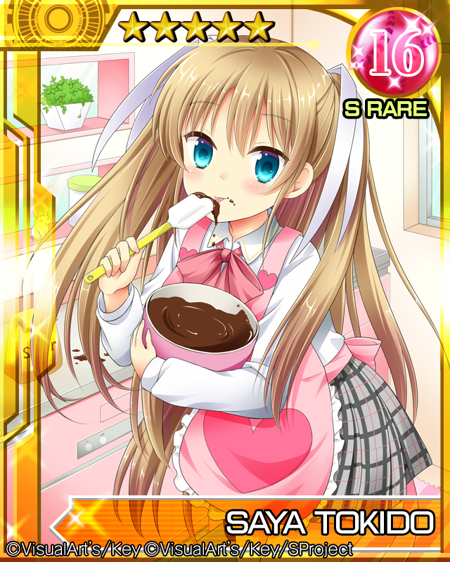 1girl apron blonde_hair blue_eyes card_(medium) chocolate licking little_busters!! long_hair mixing_bowl spatula tokido_saya twintails yoshikita_popuri