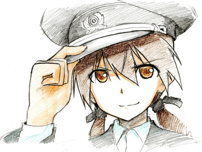 1girl black_ribbon brown_eyes brown_hair gertrud_barkhorn hair_ribbon hand_on_headwear hat jacket long_hair long_sleeves military military_uniform peaked_cap ribbon shiratama_(hockey) simple_background smile solo strike_witches traditional_media twintails uniform white_background