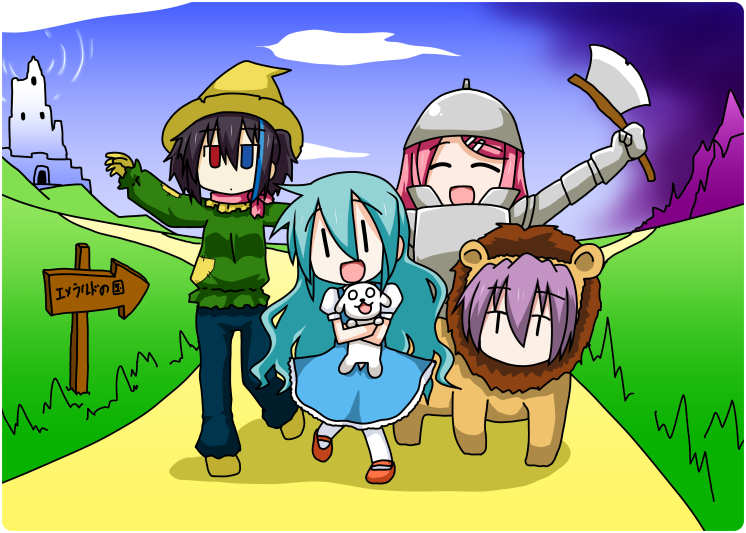 4girls all_fours animal_costume aqua_hair armor axe black_hair blue_eyes carrying chibi_miku closed_eyes cowardly_lion cowardly_lion_(cosplay) dog dorothy_gale dorothy_gale_(cosplay) dress full_armor hair_down hamo_(dog) hat hatsune_miku helmet heterochromia lion_costume long_hair minami_(colorful_palette) momone_momo multiple_girls o_o open_mouth outstretched_arms pantyhose pink_hair purple_hair red_eyes scarecrow_(twooz) scarecrow_(twooz)_(cosplay) sign spread_arms the_wizard_of_oz tin_man tin_man_(cosplay) toto_(twooz) toto_(twooz)_(cosplay) utane_uta utau vocaloid weapon yokune_ruko |_|
