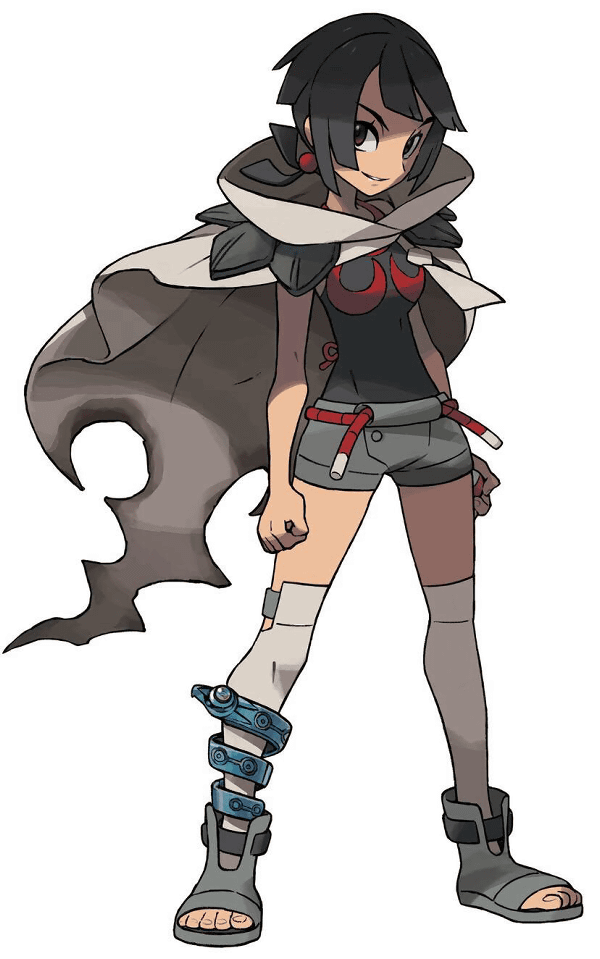 1girl black_hair brown_hair cape higana_(pokemon) official_art oomura_yuusuke poke_ball pokemon pokemon_(game) pokemon_oras sandals thigh-highs