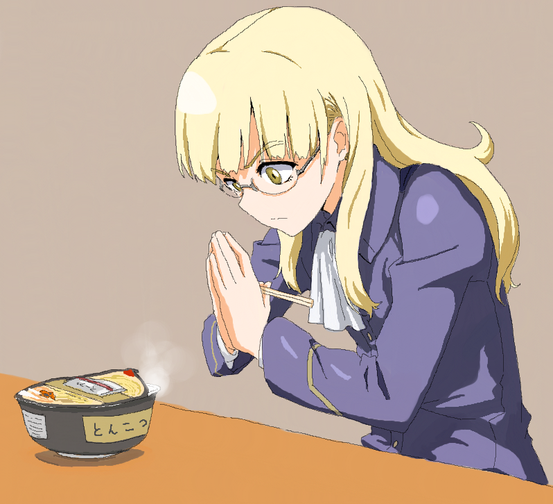 1girl ascot blonde_hair chopsticks eyebrows food glasses hands_together jacket long_hair long_sleeves military military_uniform noodles perrine_h_clostermann ramen shiratama_(hockey) simple_background solo steam strike_witches uniform yellow_eyes