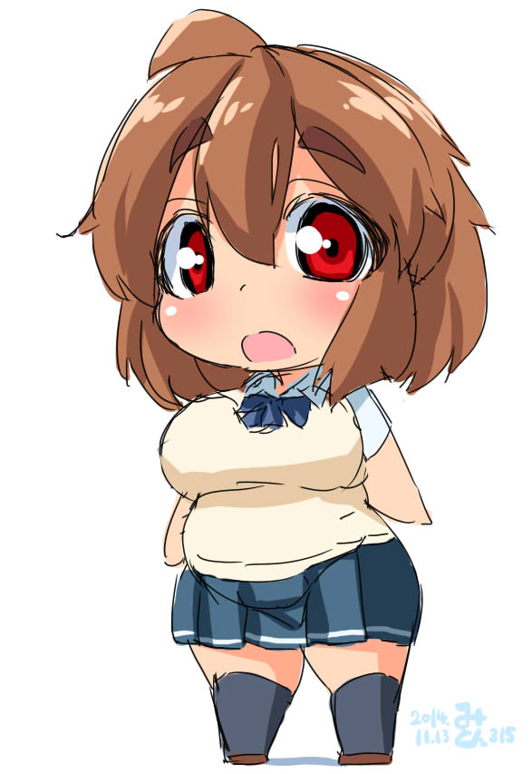 1girl ahoge blush breasts brown_hair chibi collared_shirt d: eno_konoe fat large_breasts looking_at_viewer mikomu open_mouth original red_eyes school_uniform sketch skirt socks solo sweater_vest