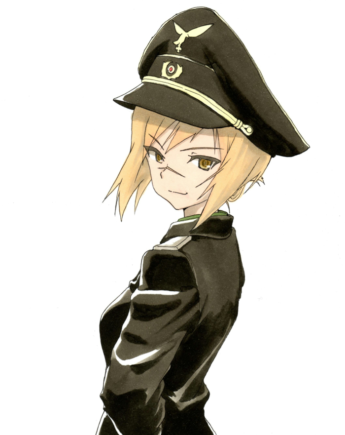 1girl alternate_hairstyle blonde_hair folded_ponytail hanna_rudel hat jacket long_hair long_sleeves looking_back military military_uniform nose_scar peaked_cap ponytail scar shiratama_(hockey) simple_background solo strike_witches uniform white_background yellow_eyes