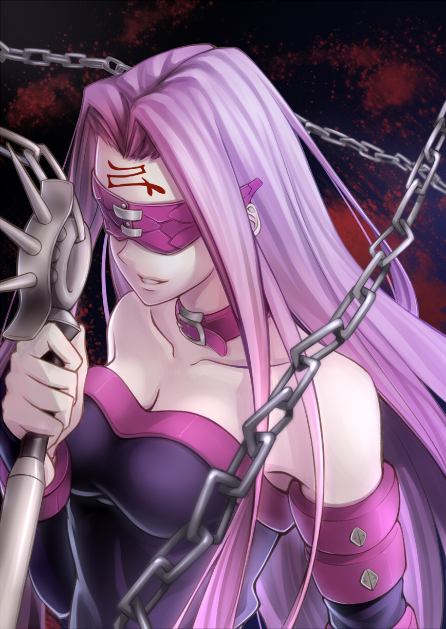 1girl akatsuki_sora bare_shoulders blindfold chain collar dagger elbow_gloves facial_mark fate/stay_night fate_(series) forehead_mark gloves highres long_hair purple_hair rider solo weapon