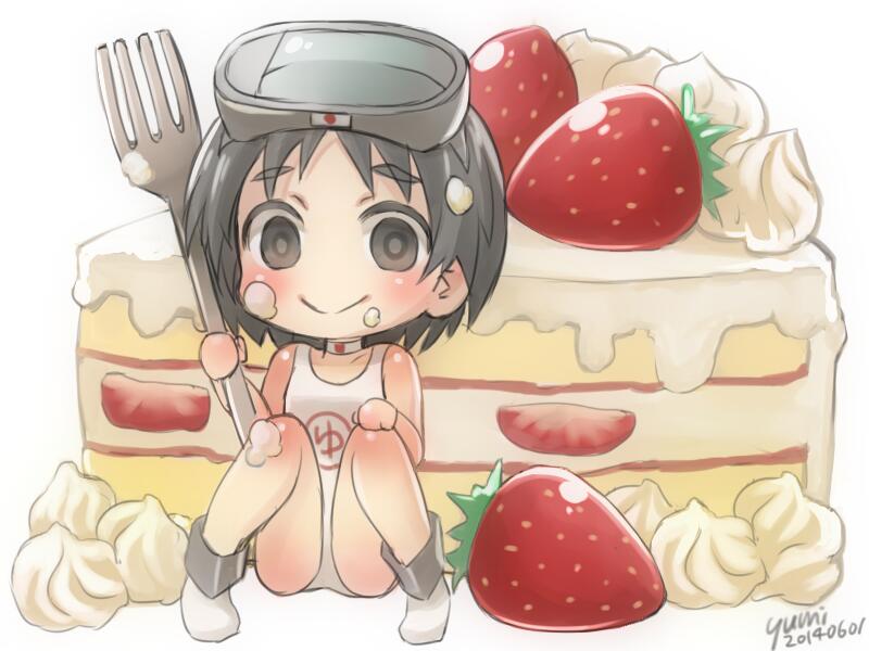 1girl black_eyes black_hair cake chibi food food_on_face goggles goggles_on_head kantai_collection looking_at_viewer maru-yu_(kantai_collection) oversized_object school_swimsuit short_hair sitting smile swimsuit white_school_swimsuit white_swimsuit yumi_yumi