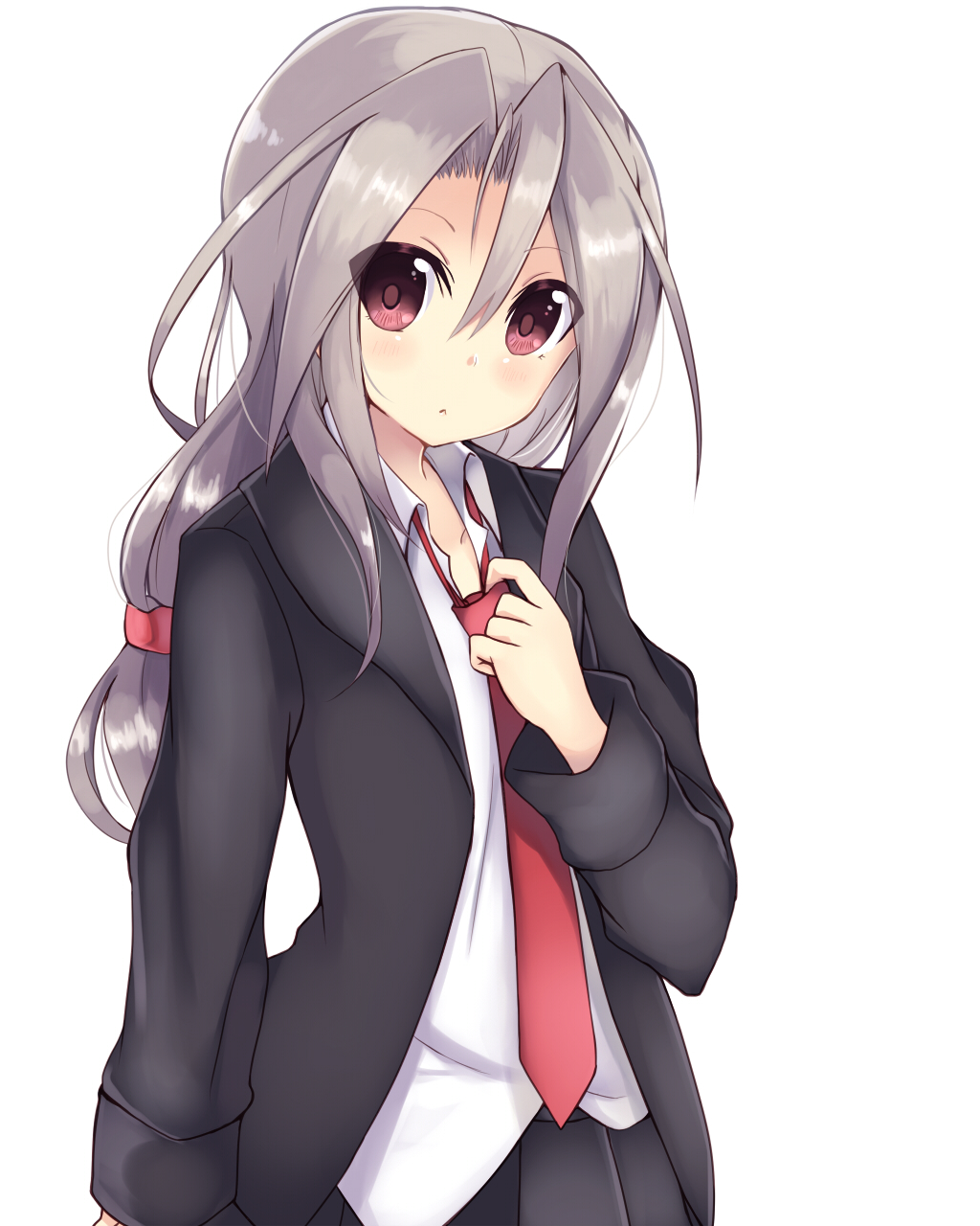 1girl :&lt; amano_kouki black_skirt blazer blush brown_eyes hatsushimo_(kantai_collection) hatsushimo_(kantai_collection)_(cosplay) highres kantai_collection long_hair looking_at_viewer low-tied_long_hair necktie open_blazer open_clothes pleated_skirt red_necktie school_uniform silver_hair simple_background skirt solo white_background zuihou_(kantai_collection)