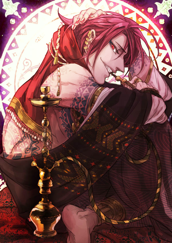 1boy arabian_clothes barefoot darkwinslow fangs free! hookah jewelry matsuoka_rin nail_polish red_eyes redhead ring solo