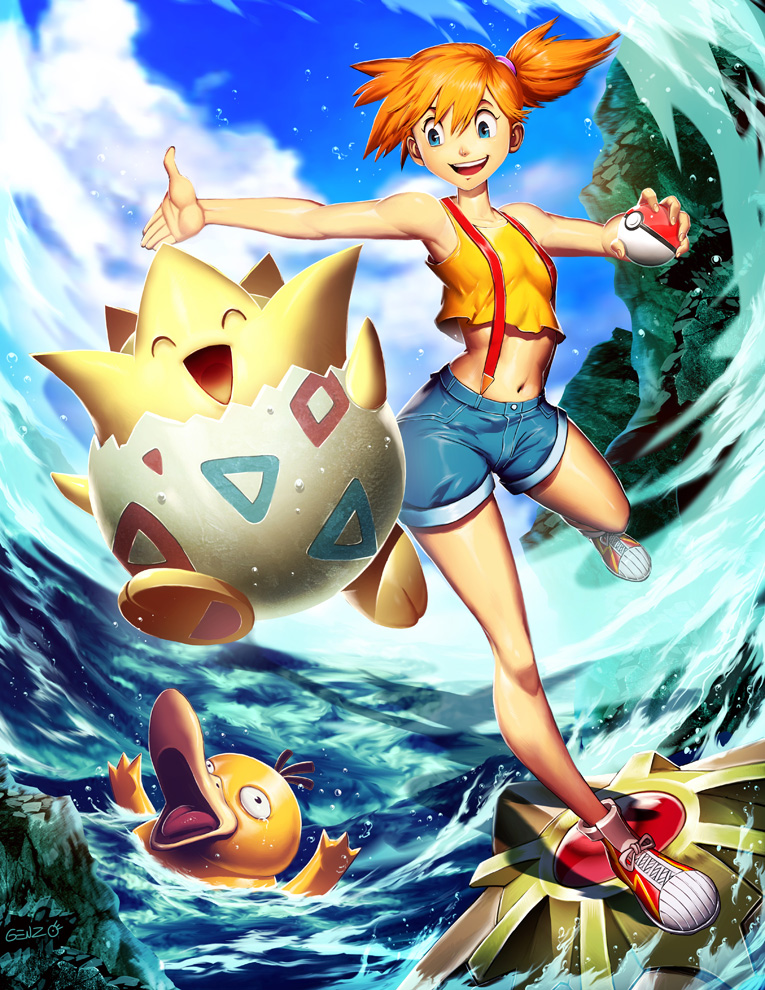 1girl blue_eyes closed_eyes clouds cloudy_sky genzoman kasumi_(pokemon) midriff navel open_mouth orange_hair poke_ball pokemon psyduck shadow shoes short_shorts shorts side_ponytail signature sky sleeveless small_breasts smile staryu suspenders togepi water