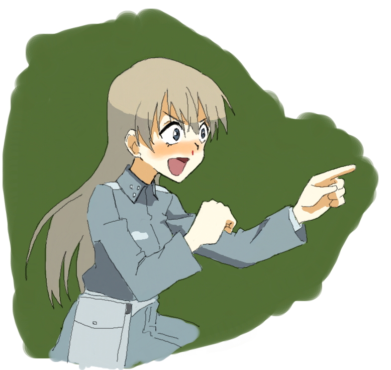 &gt;:d 1girl :d blonde_hair blood blue_eyes blush eila_ilmatar_juutilainen gaijin_4koma jacket long_hair long_sleeves military military_uniform nosebleed open_mouth parody platinum_blonde pointing shiratama_(hockey) smile solo strike_witches uniform