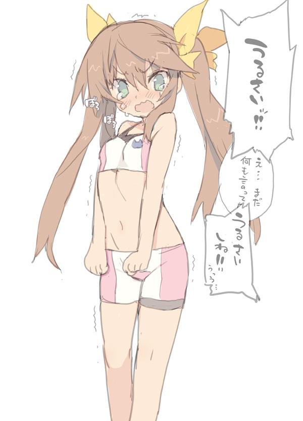 1girl aqua_eyes bike_shorts blade_(galaxist) brown_hair cosplay gundam gundam_build_fighters gundam_build_fighters_try hair_ribbon hoshino_fumina hoshino_fumina_(cosplay) huang_lingyin infinite_stratos long_hair looking_at_viewer navel open_mouth ribbon sketch solo sports_bra tears translated trembling twintails very_long_hair wavy_mouth white_background