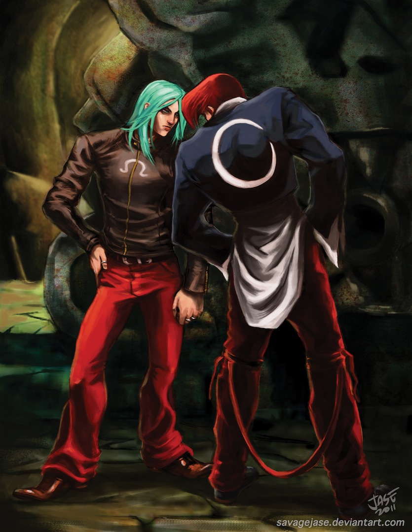 2boys aqua_hair crescent crossover faceoff hand_on_hip jewelry king_of_fighters leather leather_jacket leather_pants long_hair multiple_boys omega_symbol pants redhead remy_(street_fighter) ring savagejase street_fighter street_fighter_iii street_fighter_iii:_3rd_strike yagami_iori