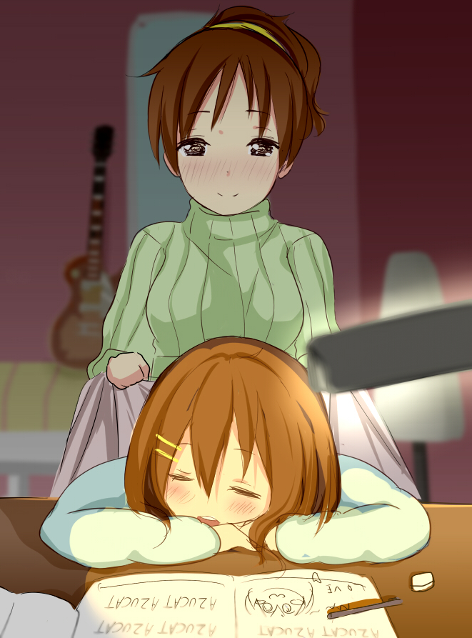 2girls blush brown_eyes brown_hair closed_eyes desk_lamp guitar hirasawa_ui hirasawa_yui instrument k-on! multiple_girls ponytail short_hair siblings sisters sleeping tateshina