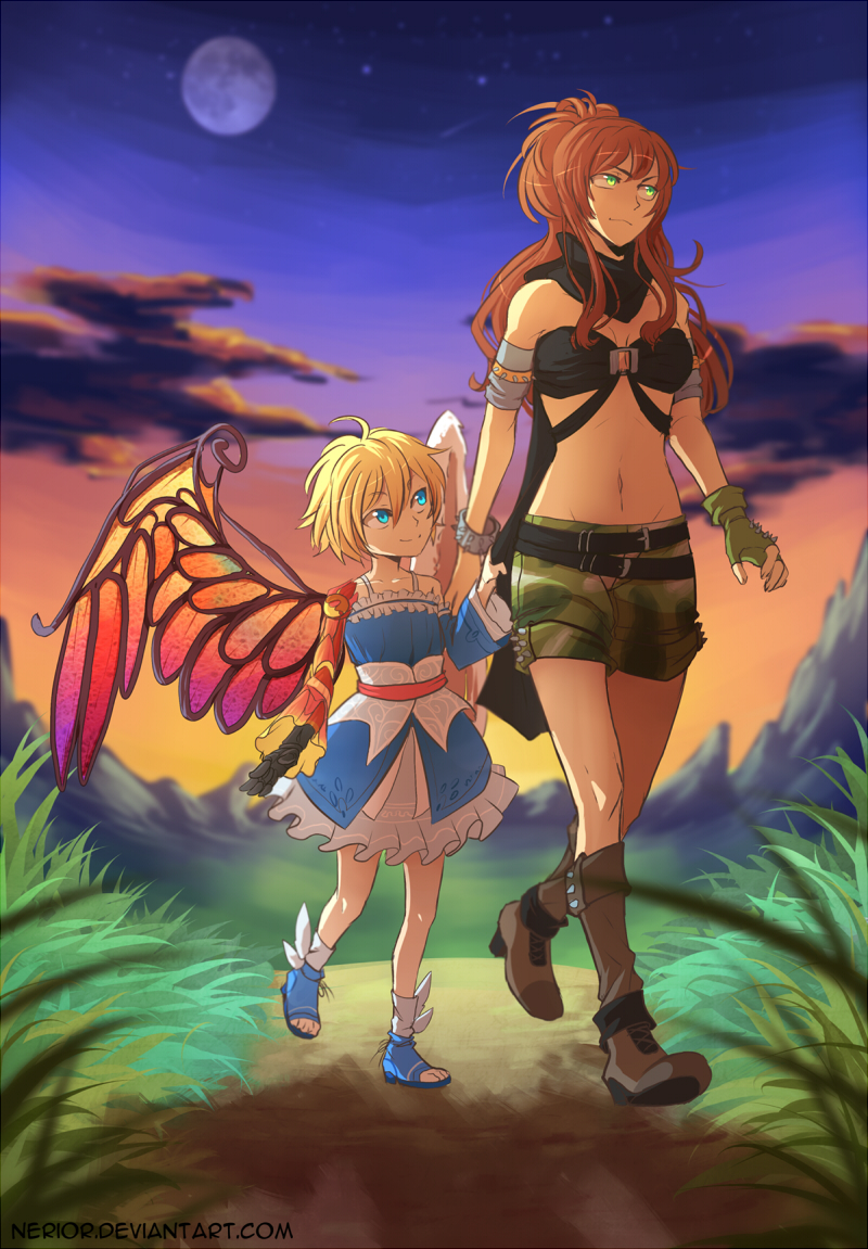 2girls ahoge angel angel_wings armband asymmetrical_wings bare_shoulders blonde_hair blue_eyes boots borrowed_character bracelet breasts brown_hair camouflage_shorts cape cape_tug cassie_(acerailgun) child clouds cyborg detached_sleeves dress feathered_wings fingerless_gloves frilled_dress frills full_moon gloves grass jewelry long_hair looking_at_another mechanical_arm mechanical_wings midriff moon mound_of_venus multiple_girls navel nerior night night_sky original outdoors shorts single_glove sky spiked_bracelet spikes toeless_shoes walking watermark web_address winged_shoes wings