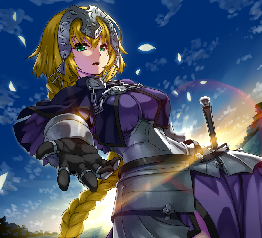 1girl armor armored_dress blonde_hair braid breasts capelet fate/apocrypha fate_(series) gauntlets headpiece hotori_(sion) long_hair looking_at_viewer outstretched_hand pov pov_eye_contact ruler_(fate/apocrypha) single_braid solo violet_eyes