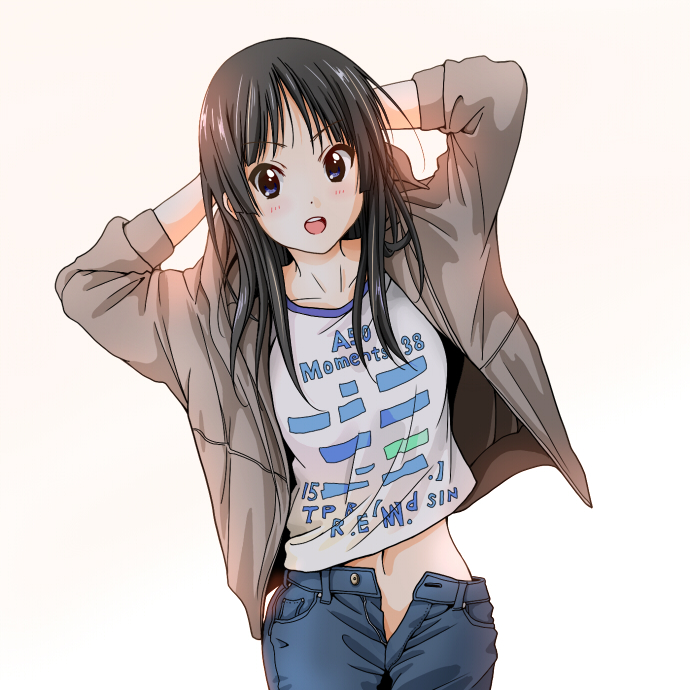 1girl akiyama_mio black_eyes black_hair casual denim dresstrip jacket jeans k-on! long_hair navel open_fly pants unzipped