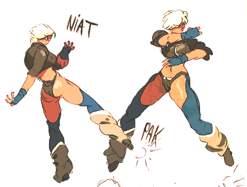 1girl angel_(kof) ass baptiste_pagani blue_eyes boots chaps collage cowboy_boots cropped_jacket fighting_stance fingerless_gloves gloves kicking king_of_fighters lowres midriff navel short_hair short_shorts shorts sleeves_rolled_up solo