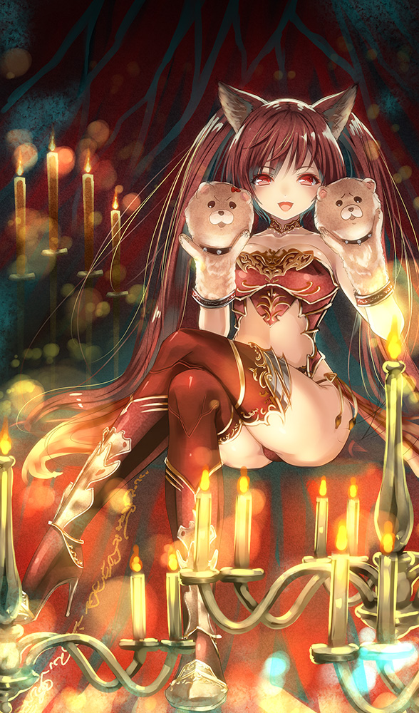 1girl animal_ears bare_shoulders blush boots breasts brown_hair candle cerberus_(shingeki_no_bahamut) cleavage crossed_legs dog_ears high_heel_boots high_heels long_hair looking_at_viewer open_mouth puppet red_eyes shingeki_no_bahamut shingeki_no_bahamut:_genesis smile solo thigh-highs thigh_boots twintails very_long_hair yasuyuki