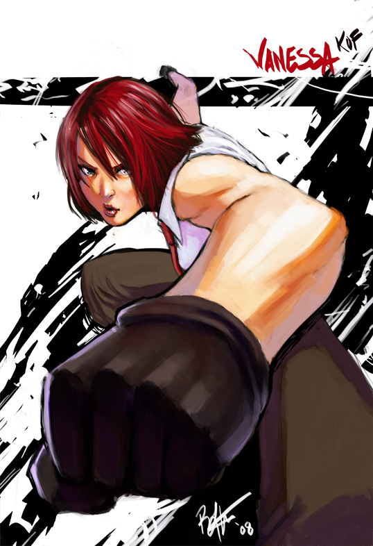 1girl black_gloves gloves king_of_fighters lejean lips lipstick makeup necktie pants punching redhead short_hair sleeveless solo suspenders vanessa_(king_of_fighters)