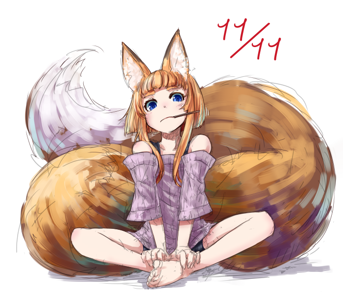 1girl animal_ears barefoot blue_eyes dated fox_ears fox_tail jaco looking_at_viewer original pocky pocky_day simple_background solo tail white_background