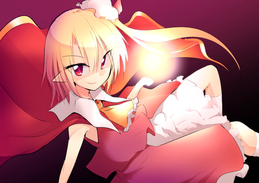 1girl armpit_licking ascot blonde_hair cape chipa_(arutana) flandre_scarlet licking pointy_ears red_eyes side_ponytail sleeveless solo touhou