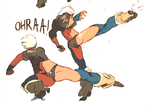 1girl angel_(kof) ass baptiste_pagani blue_eyes boots chaps collage cowboy_boots cropped_jacket fighting_stance fingerless_gloves flying_kick gloves high_kick kicking king_of_fighters lowres midriff navel short_hair short_shorts shorts sleeves_rolled_up solo