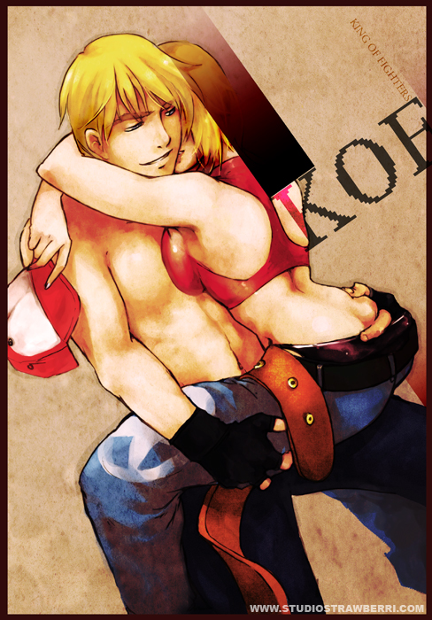 1boy 1girl ass ass_grab baseball_cap blonde_hair blue_eyes blue_mary breast_press breasts butt_crack couple diana_jakobsson eyebrows fingerless_gloves gloves hat hat_removed headwear_removed hetero hug king_of_fighters large_breasts lifting_person midriff shirtless short_hair terry_bogard upright_straddle