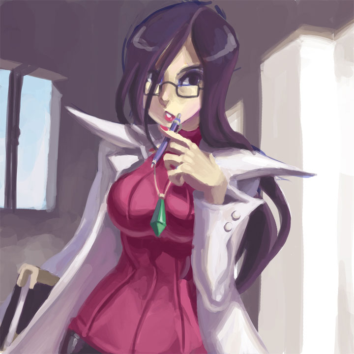 1girl alex_ahad black_hair book breasts glasses jewelry labcoat large_breasts lipstick long_hair makeup minazuki_kyouko pen pendant ribbed_sweater rival_schools rival_schools:_united_by_fate solo sweater turtleneck