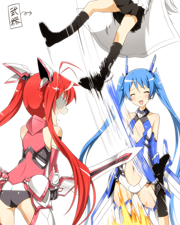 3girls artist_request blue_hair bodysuit boots closed_eyes genderswap long_hair multiple_girls ore_twintail_ni_narimasu redhead silver_hair simple_background skirt source_request tail_blue tail_red translation_request twintails twoearle white_background