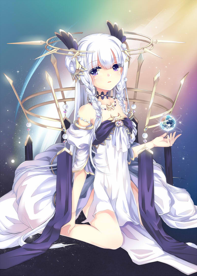 1girl bangs bare_shoulders beads blunt_bangs blush braid choker detached_sleeves dress floating floating_object flowing_dress hair_bun hair_ornament head_wings jewelry looking_at_viewer magic necklace open_mouth original ribbon sian_(jred344) sitting solo star_(sky) twin_braids violet_eyes wariza white_dress white_hair