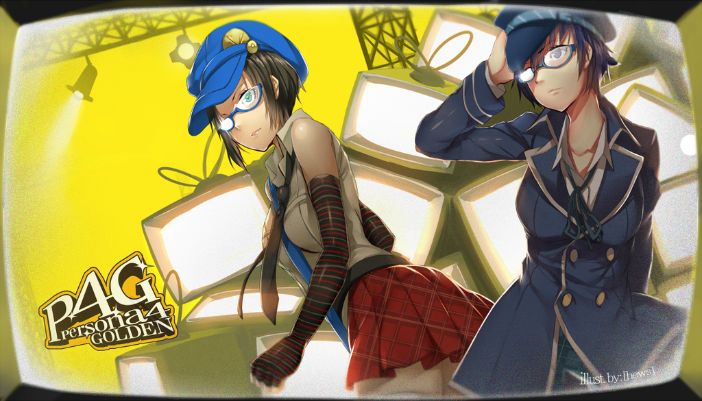 2girls aqua_eyes black_hair blue-framed_glasses blue_eyes blue_hair breasts cabbie_hat copyright_name elbow_gloves fingerless_gloves glasses gloves hand_to_head hat hews_hack marie_(persona_4) multiple_girls necktie persona persona_4 persona_4_the_golden plaid plaid_skirt semi-rimless_glasses shirogane_naoto short_hair skirt sleeveless striped striped_gloves television under-rim_glasses