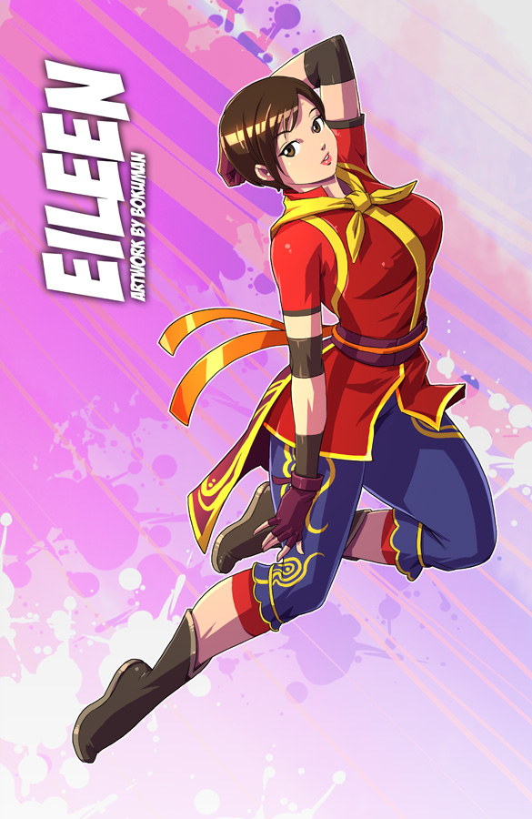 1girl ankle_boots bokuman boots breasts brown_eyes brown_hair capri_pants character_name chinese_clothes eileen elbow_pads fingerless_gloves gloves pants sash short_hair solo virtua_fighter