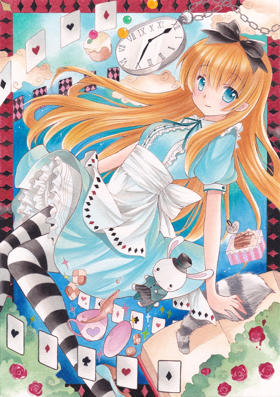 1girl acrylic_paint_(medium) alice_(wonderland) alice_in_wonderland apron aqua_dress blonde_hair blue_eyes book bow card clock cup cupcake dress frills hair_bow highres light_smile long_hair looking_at_viewer pantyhose playing_card pom77 puffy_short_sleeves puffy_sleeves rabbit short_sleeves solo striped striped_legwear tail thigh-highs traditional_media