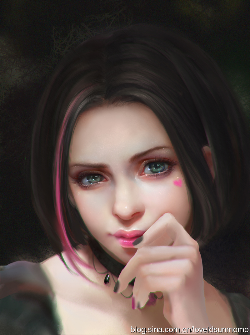 1girl black_hair choker green_eyes hand_to_own_mouth lips lipstick looking_at_viewer makeup multicolored_hair nail_polish pink_hair pink_lipstick portrait profile realistic short_hair solo sunmomo two-tone_hair
