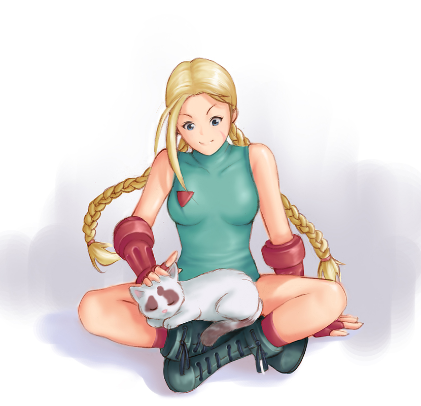 1girl animal blonde_hair blue_eyes braid breasts cammy_white cat ernest_ow_tar_hoay fingerless_gloves gloves indian_style leotard long_hair no_hat petting scar sitting solo street_fighter twin_braids